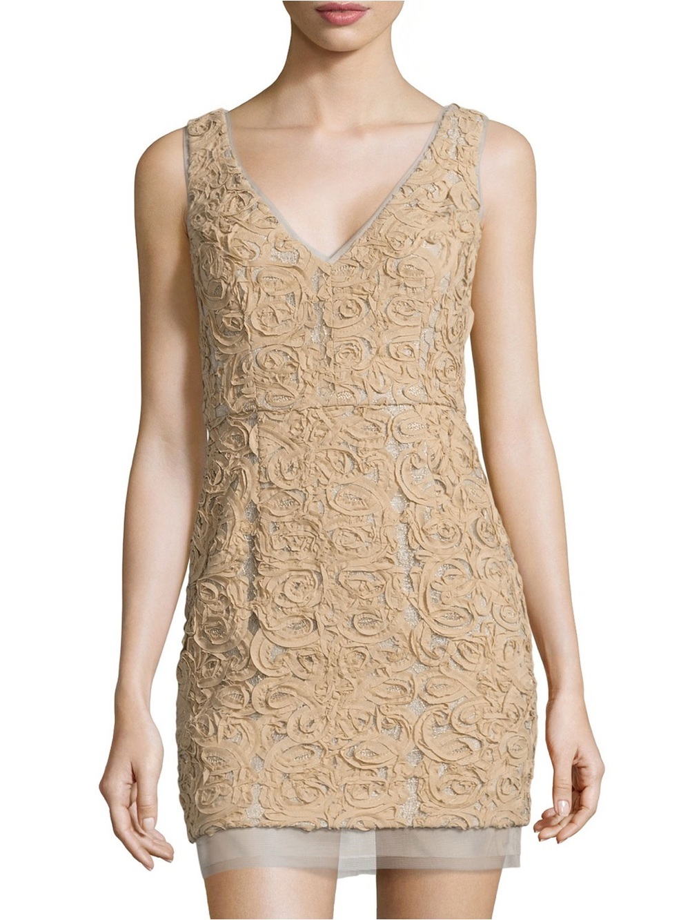 BCBG Marissa Rosette Embellished Sheath Dress 6 Champagne Sleeveless V-Neck Mini